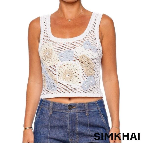 SIMKHAI **NWT** Vail Floral Crochet-Knit Tank Top in Blue Haze - Picture 8 of 13